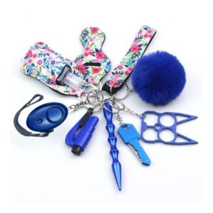 Safety Keychain Set 10 Pcs defensive Keychain Accessories with Sound Personal Alarm Polished Kubaton Stylish Pompom etc Gift Set for Women Adults & kids.(Blue)