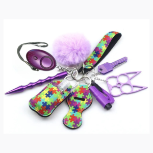 Safety Keychain Set 10 Pcs defensive Keychain Accessories with Sound Personal Alarm Polished Kubaton Stylish Pompom etc Gift Set for Women Adults & kids.(purple)