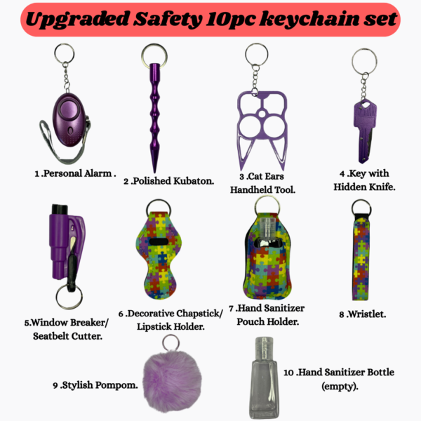 Safety Keychain Set 10 Pcs defensive Keychain Accessories with Sound Personal Alarm Polished Kubaton Stylish Pompom etc Gift Set for Women Adults & kids.(purple) - Image 3