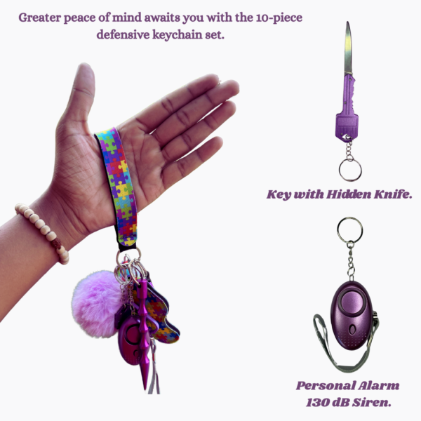 Safety Keychain Set 10 Pcs defensive Keychain Accessories with Sound Personal Alarm Polished Kubaton Stylish Pompom etc Gift Set for Women Adults & kids.(purple) - Image 4
